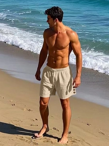 Men's breathable linen beach shorts in beige with drawstring waist and button detail