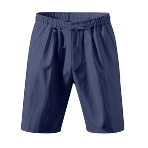 Men's navy blue casual linen shorts with elastic waist and adjustable drawstring