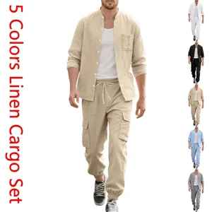 Men's casual linen two-piece set featuring a stand collar shirt and cargo joggers in khaki