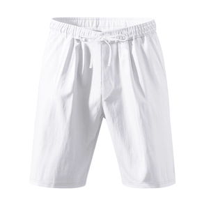 Detailed macro shot of white linen casual shorts with elastic waistband and drawstring