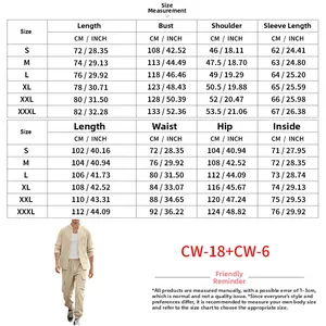 Men's linen set size chart with detailed measurements for shirt and cargo pants in cm and inches