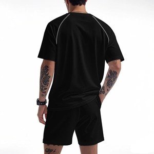 Detail view of men's quick-dry sports set with white contrast stitching on back