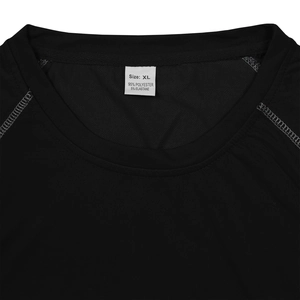 Close-up of black sports T-shirt neckline with raglan sleeves and quality stitching