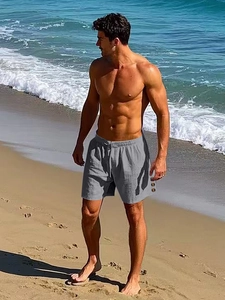 Men's grey linen casual beach shorts with elastic drawstring waist and side button details
