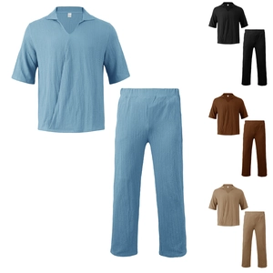 Men's V-neck short sleeve shirt and long pants casual set in breathable waffle fabric