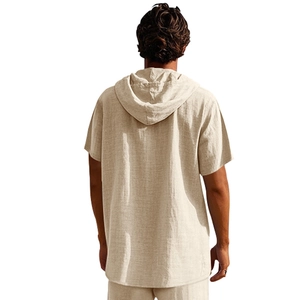 Detail view of the back showing the hood design and linen texture of the short sleeve shirt