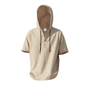 Detailed view of casual men's linen hooded shirt with drawstring and henley button neck