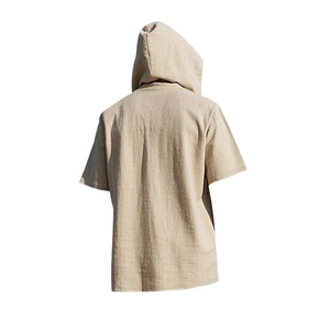 Rear view of men's short-sleeve linen hooded shirt in oatmeal beige with textured fabric