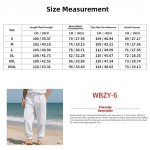Detailed size chart for men's linen beach trousers showing CM and INCH measurements