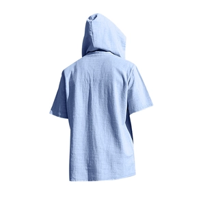 Back view of light blue linen short sleeve hoodie showing natural fiber texture