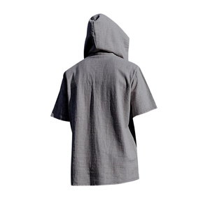 Back view of men's gray hooded linen short sleeve beach shirt with natural texture
