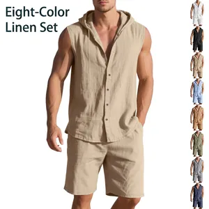 Men Summer Casual Linen Sleeveless Hoodie Shirt and Shorts Set 2 Piece Outfits Lightweight Breathable Woven Beach Top And Bottom
