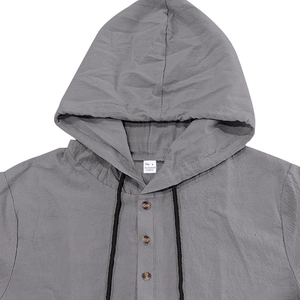 Detail of grey men's linen beach hoodie with wooden buttons and drawstring on white background