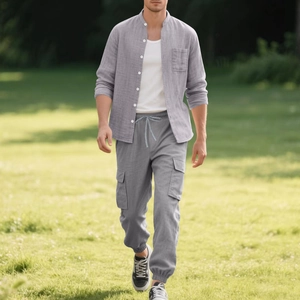 Close-up of linen long sleeve shirt with stand collar and drawstring cargo jogger pants