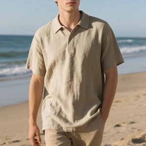 Polo décontracté en lin pour homme en beige avec coupe ample pour les vacances à la plage