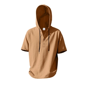 Detail view of camel linen short sleeve hoodie with henley three-button neck and black drawstring