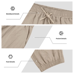 Detailed views of drawstring waistband, side pockets and elastic cuffs on linen pants