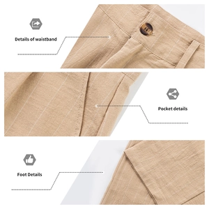 Macro details of men's linen striped trousers featuring waistband, pocket and hem stitching