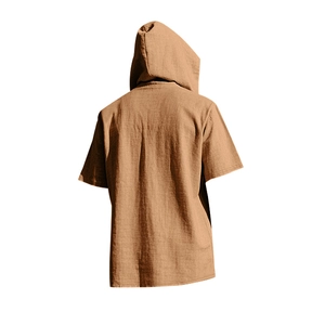 Detail view of the back of a light brown linen hooded short sleeve shirt for men