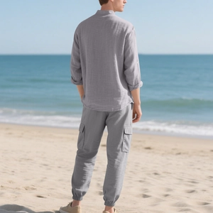 Rear view of grey linen blend shirt and joggers set featuring elasticated ankle cuffs