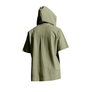 Rear view of men's casual short sleeve hooded shirt in light green textured linen fabric