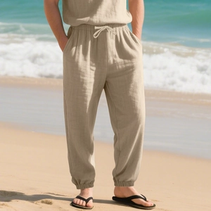 Close-up of khaki linen blend casual pants featuring elastic drawstring waist and side pockets