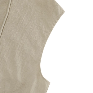 Detail of beige linen sleeveless hoodie texture with stitching and drawstring
