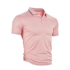 Polo homme rose clair coupe ajustée avec col rayé tricolore sur fond blanc