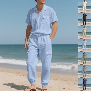 Conjunto de lino para hombre de dos piezas con camisa de manga corta y pantalón cargo