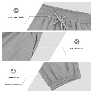 Detailed views of gray linen pants showing the drawstring waist, pocket, and ribbed cuffs
