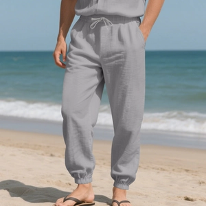 Men's casual linen jogger pants in grey with drawstring waist and elastic ankle cuffs