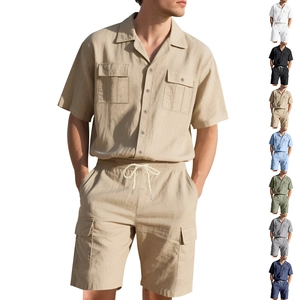 Herren Casual Leinenmischung Kurzarm Hemd Und Shorts Top And Bottom Einfarbig Workwear Sommer Strand Outfit Leicht Bequem Kleidung
