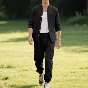 Men's casual black linen set with long sleeve mandarin collar shirt and cargo joggers