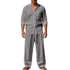 Completo da uomo in lino con camicia a maniche lunghe e pantaloni larghi traspiranti grigio