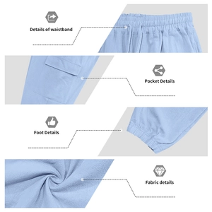 Vista detallada de pantalones de lino azul claro con cintura elástica y bolsillos laterales