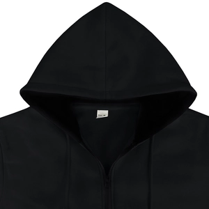 Detail view of black waterproof hoodie with metal zipper and Size M collar label