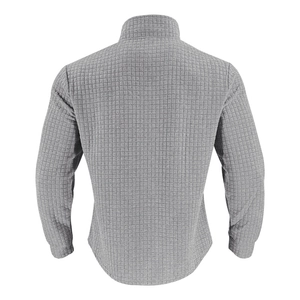 Detail shot of men's grey waffle-textured quarter-zip sweatshirt showing fabric quality