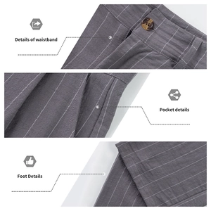 Detailing dark grey striped linen pants with waistband, pockets, and hem close-ups