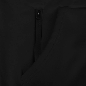 Close-up of waterproof zipper pocket on men's black hooded outdoor jacket fabric