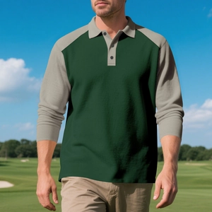 Polo homme à manches longues avec bloc de couleurs vert foncé et gris pour le golf