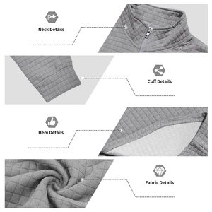 Detailed views of checkered texture, stand collar zipper, cuffs and hem of gray sweatshirt