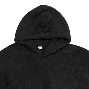 Close-up of thick black fleece hoodie hood with soft plush texture and size label