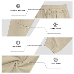 Detalles de pantalones cargo de lino para hombre con cordón, bolsillos y bajos elásticos