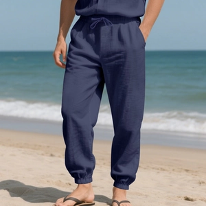 Men's loose linen jogger pants in navy blue with drawstring waist for beach vacation