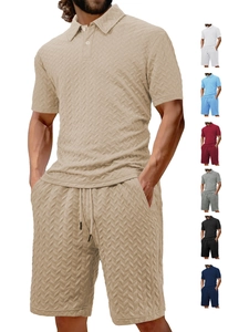 Detailed view of the men's summer polo set showing 3-button collar and textured fabric