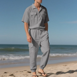 Conjunto de lino para hombre con camisa de manga corta y pantalón cargo gris