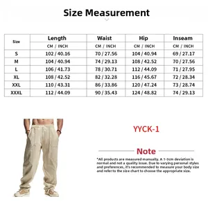 Detailed size chart for men's linen loose pants featuring length waist and hip measurements