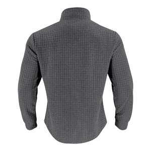 Detail view of the back of a dark gray waffle weave sweatshirt with a textured grid pattern