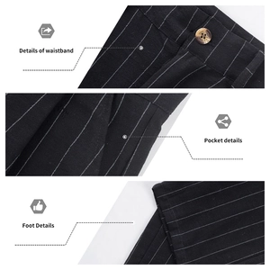 Detail view of black striped linen trousers featuring waistband button and side pockets