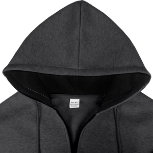 Detail shot of men's dark grey hoodie neckline showing the fabric tag and texture